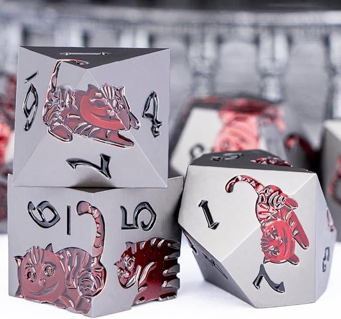 Metal DND Cat Dice 7PCS Polyhedral RPG Dice Set with Gift Case for Dungeons Dragons Role Playing Game, D and D Dice D6 D8 D10 D12 D20 D% (Grey Red)