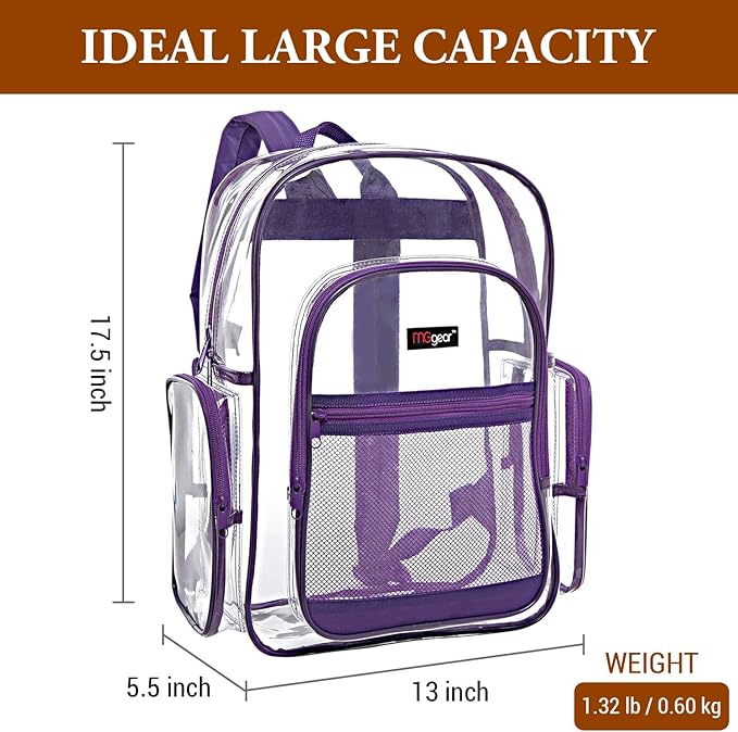 17 Inch Clear PVC Backpack with Purple Trim and 5 Zipper Compartments, Transparent School Bookbag for Boys Girls, Travel or Work Bag for Men Women