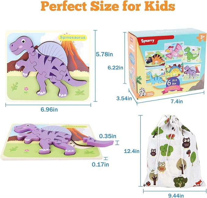 SYNARRY 6 Pack Dinosaur Wooden Puzzles for Kids 3-5, Wooden Puzzles for Toddlers, Dinosaur Puzzles for Toddlers 3 4 5 Year Old, Educational Preschool Puzzles Toys Gifts for Boys Girls
