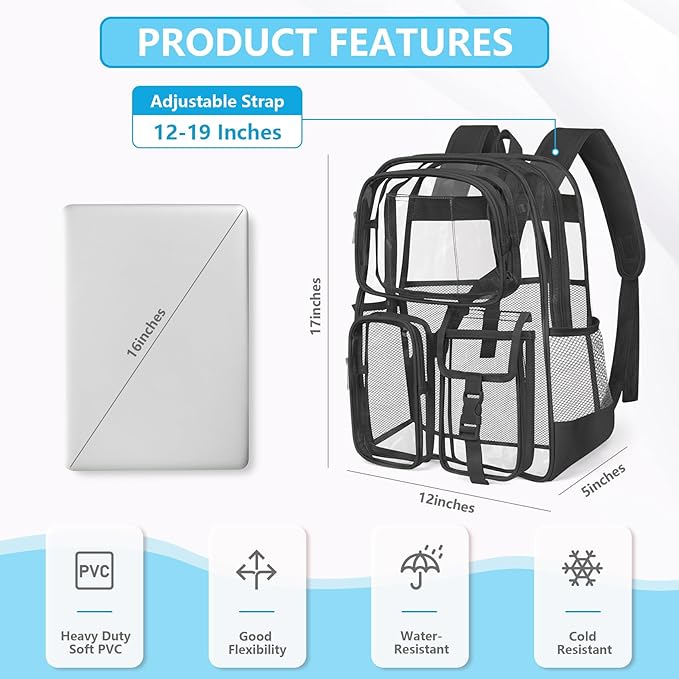 Black Clear Backpack, Heavy Duty PVC Clear Bag for Stadium Events, Transparent Backpack with Reinforced Straps & Stitches for Girls Boys, Large Capacity Bookbag for School, Travel, College, Work