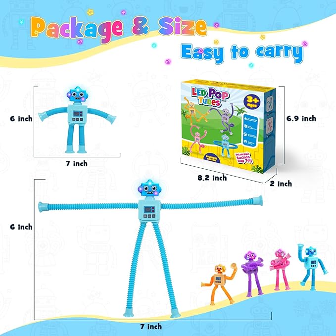Robot Fidget Toys for Kids : 4 Pack LED Robotic Pop Tubes Telescopic Suction Cup Sensory Toy for 3 4 5 6 7 8 Year Old Boys Girls Halloween Birthday Gifts for Kid Ages 3-5 Toddler Travel Toy