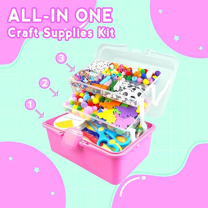 ZEIZHUBN Arts and Crafts Supplies for Kids Crafts Kit with Pipe Cleaners DIY Crafts for Kids Art School Supplies Materials All in Crafting Box Craft Supply Set Gifts for Kid Girls Boys Age 4-8, 8-12
