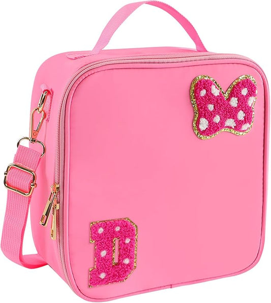 Preppy Initial Bow Mouse Lunch Bag, Kids Insulated Lunch Box Gifts for Teen Girls Daughter, Reusable Soft Lunch Containers Crossbody Cooler Bag Must Haves for Park Travel School Work Picnic Pink D