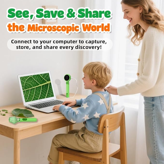 Kids Microscope with Bug Catcher Kit, 1080P Digital Mini Handheld Microscope STEM Science Toy with LED Light, Rechargeable, Portable, Supports 64GB TF Card, Educational Gift for Kids Ages 3-12 (Green)