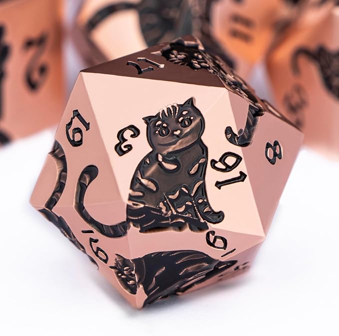 Metal DND Cat Dice 7PCS Polyhedral RPG Dice Set with Gift Case for Dungeons Dragons Role Playing Game, D and D Dice D6 D8 D10 D12 D20 D% (Copper Black)