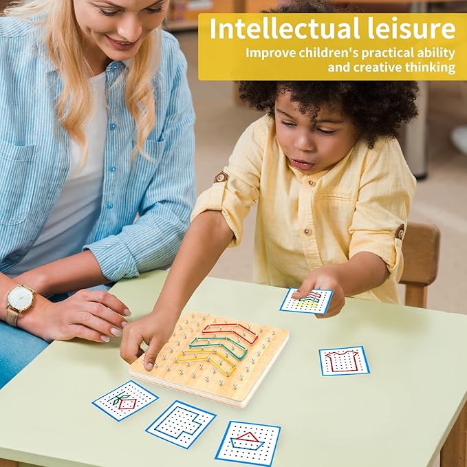 HEELWIRE Wooden Geoboard,Montessori Toy,Graphical Mathematical Education Toy for Kids with Pattern Cards and Rubber Bands to Figures and Shapes, Brain Teaser STEM Toy Geo Board (7 * 7 * 0.6 in)