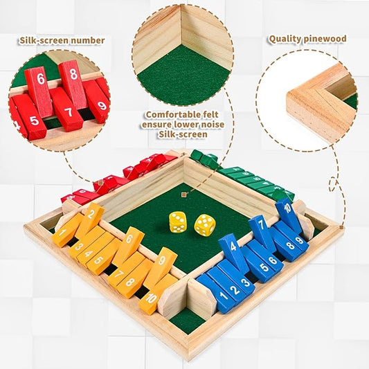 1-4 Players Shut The Box Dice Game, 10 Numbers Traditional Wooden Pub Bar Board Family Table Mat Game Dice for Kids and Adults