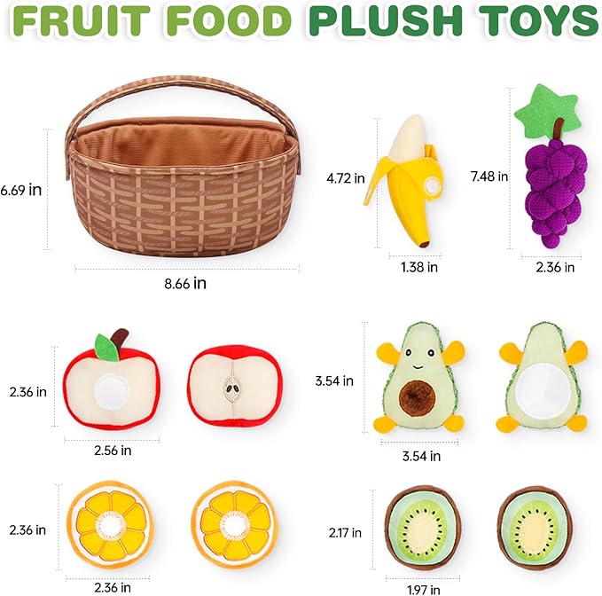 Jollybaby Plush Stuffed Cloth Fruit Food Toy Set for Toddler 1-3, Soft Fruit Basket Montessori Sensory Toy for 1 Year Old, Felt Pretend Fake Food Toy for Baby 0-6-12 Month, Newborn