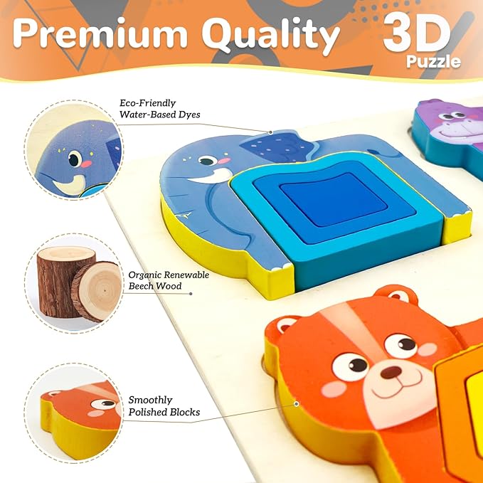 Wooden Montessori Toys for 3 4 Years Old Boys & Girls, Animal Shape Sorter Preschool Learning Toys for Toddlers, Preschool Toddler Puzzles Gift Ideas for Kids (Colored-B)