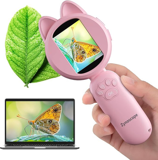 Kids Microscope 100X Magnification, STEM Handheld Digital Science Kit, Portable Educational Toy for Ages 3-16, Birthday for Boys & Girls Pink