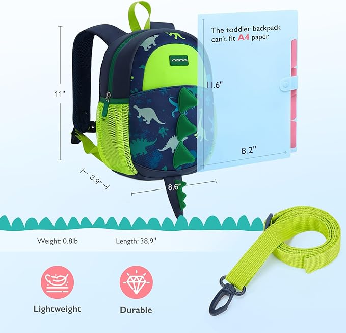 mommore Toddler Backpack for Boys 2-4 Cute Dinosaur Backpack with Kids Leash, 3D Cartoon Preschool Kindergarten Bookbag for Pre-k, Green