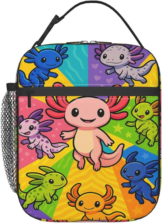 Colorful Axolotl Lunch Bag for Women Men Adults, Insulated Lunch Box for Work, Sports, Travel, Picnic,Hiking, Fishing, Cute Cartoon Salamander Theme Lunchbox Gifts