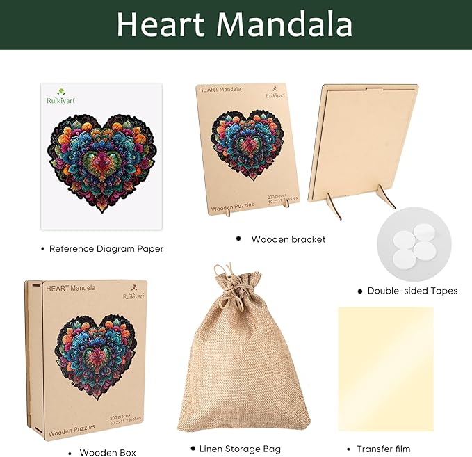 Ruikiyart Wooden Puzzles for Adults, 5MM 200 Pieces Heart Flower Wooden Jigsaw Puzzle, Mandala Unique Shapes Puzzles Great Gift for Adults and Ki on Birthday, Christmas (10.2"x11.2")