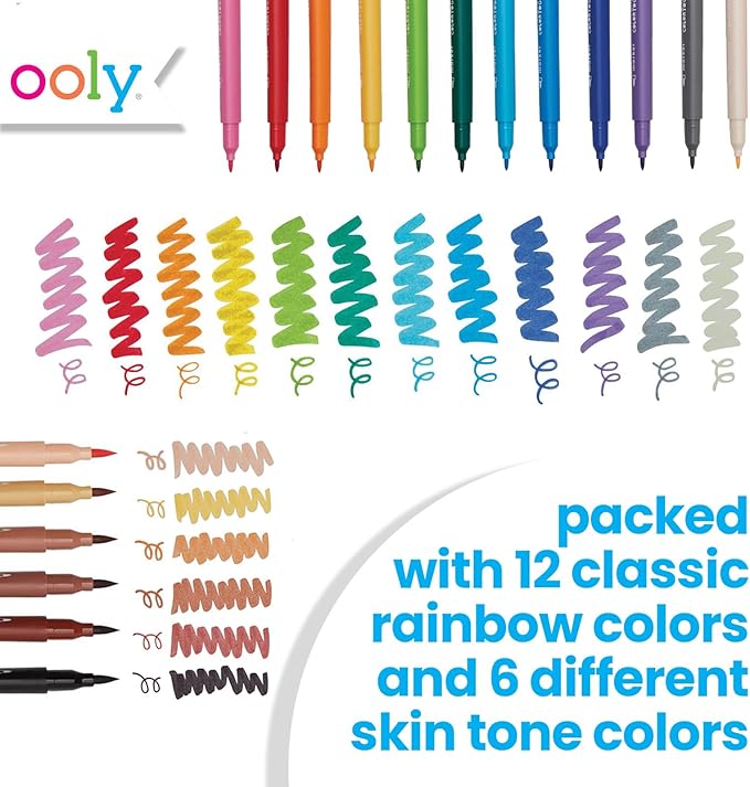Ooly Color Together Dual Tip Markers - 18 Colors, 12 Bright & 6 Skin Tone, Brush and Fine Tip on Each Marker for Kids, Double Ended Markers for Art Supplies & Stationery Sets - Brush/Fine Tips