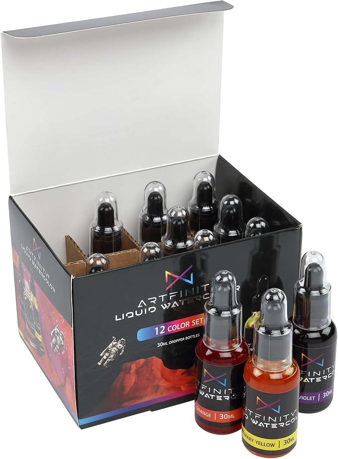 Artfinity Liquid Watercolor Paint 30 ml Bottles, Set of 12 Colors - Vibrant Dye-Based Liquid Watercolor w/Glass Pipette, Fast-Drying, Fine Art Paint for Calligraphy, Airbrushing & Traditional Art