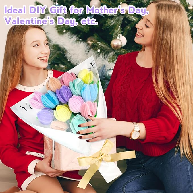 Pipe Cleaners Craft Kit 8 Assorted Colors Pipe Cleaners Bulk Flower Making Kit Chenille Stems DIY Arts and Crafts Supplies for Kids Adults Creative Bouquet Festival Home Decor Toys Gifts, Tulip