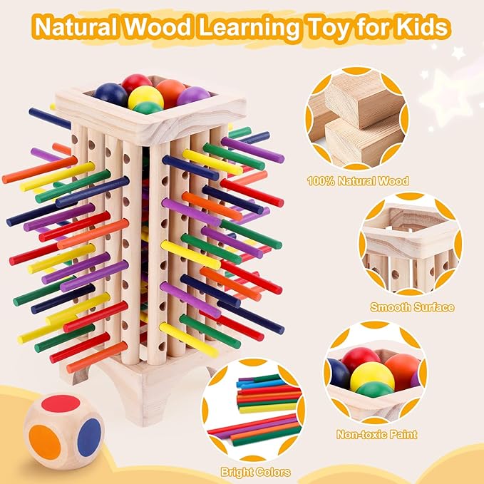 Montessori Wooden Board Games for Kids 42 Colorful Stacking Wooden Sticks Dice Game Fine Motor Skills Montessori Toys for 3 4 5 6 Year Old Girl Boy Educational Learning Gift Ages 4-8