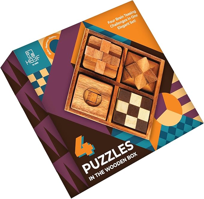 BSIRI Wooden Puzzle Box Set (4 Games) - Challenging Brain Teasers 3D Puzzles for Adults, Interlocking Games for IQ Test. Ideal for Rustic Patio Decor, Unique Gift for Christmas and Birthdays