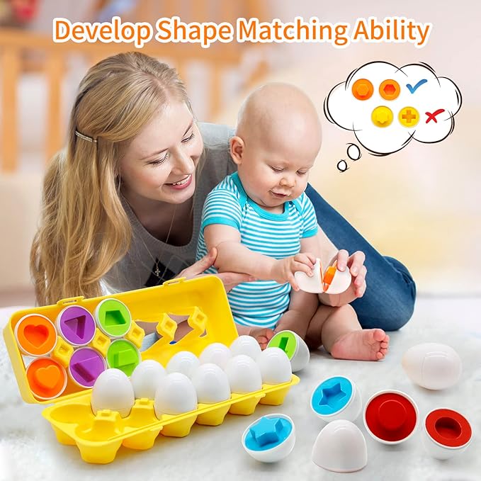 MOONTOY Matching Eggs for Toddlers, 12PCS Preschool Educational Learning Color & Shape Recognition STEM Toy– Montessori Geometric Eggs – Sorting Fine Motor Skills, Easter Gifts Basket Stuffers