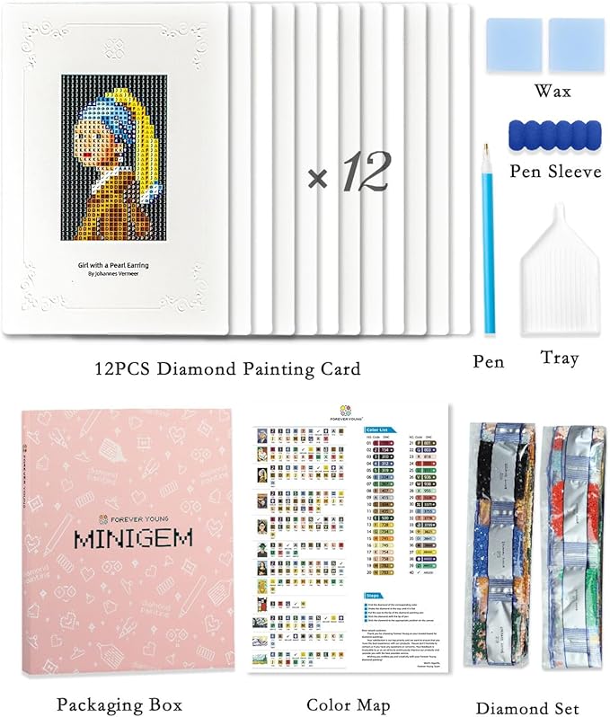 Minigem 12pcs Small Diamond Painting Kits Small Diamond Art Kits, Quick & Classic Mini Diamond Painting Kits for Beginners 1-Hour Painting, Postcard-Style Diamond Art Square Drill Pocket-Sized 5x7in