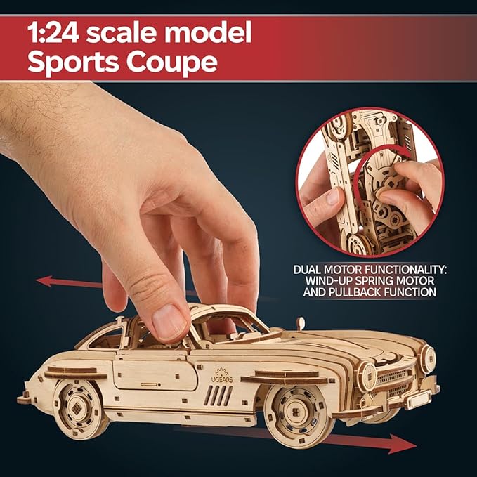 UGEARS Winged Sports Coupe Model Car Kit - 3D Wooden Puzzle for Adults – Model Kit for Adults to Build - DIY Wooden Car with Authentic Gull-Wing Design