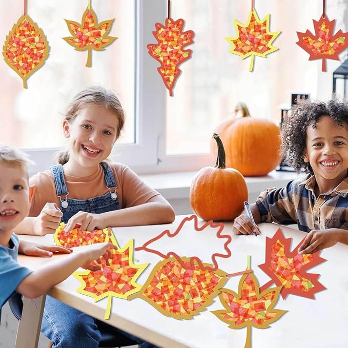 Zliisang 24PCS Make You Own Fall Crafts Kit Bulk Maple Leaf Paper Suncatchers DIY Kit for Autumn Thanksgiving Classroom Activities Decorations Window Stained Glass Effect Art Supplies