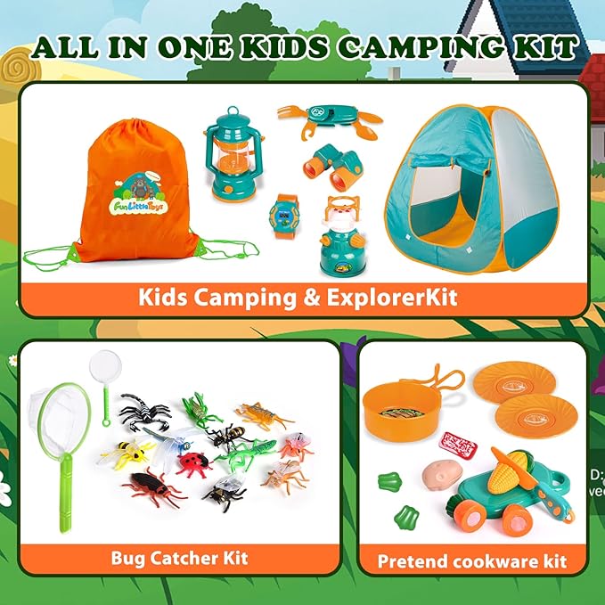 FUN LITTLE TOYS Kids Camping Set with Pop Up Play Tent Camping Toys with Battery Lantern and Drawstring Bag Indoor Outdoor Pretend Play, Christmas Birthday Gifts for Boys