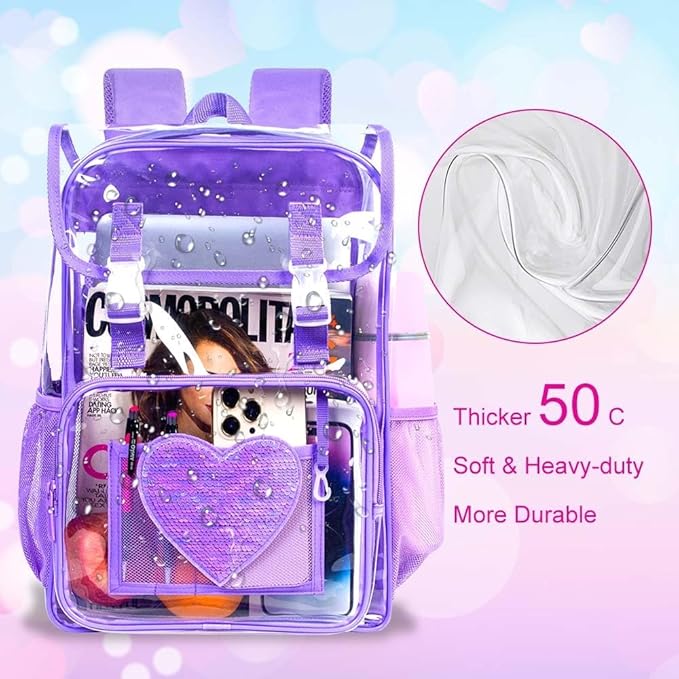 17" Sequin Clear Backpack for Girls - 3Pcs Sparkle Flip Design Stadium Approved Set, Waterproof Campus/School Transparent Bookbag (Purple)