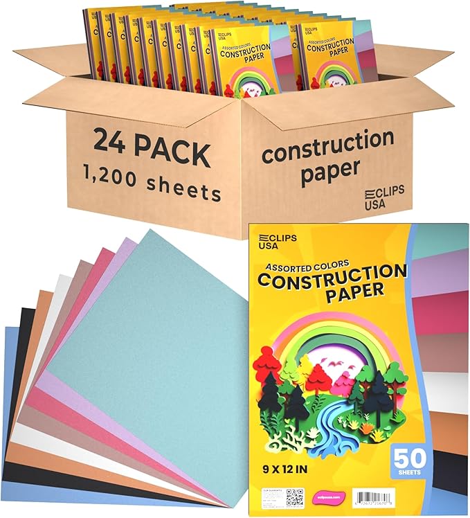 Construction Paper Bulk (1200 Sheets), 9 x 12 Construction Paper for Kids, Color Art Paper, Assorted Colors, 50 Sheets Per Pack, (24 Pack)