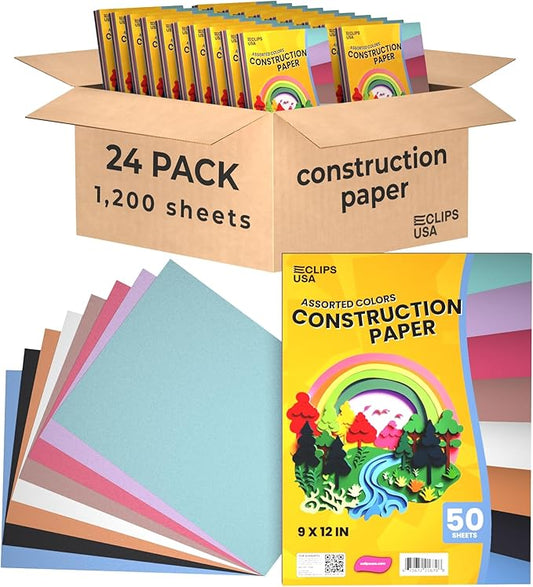 Construction Paper Bulk (1200 Sheets), 9 x 12 Construction Paper for Kids, Color Art Paper, Assorted Colors, 50 Sheets Per Pack, (24 Pack)