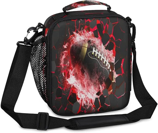 American Football Lunch Box for Boys Insulated Lunch Bag Reusable Portable Lunchbox with Adjustable Shoulder Strap and Water Bottle Holder for Work School Travel