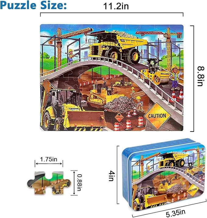 LELEMON Puzzles for Kids Ages 4-8,Construction Site 100 Piece Puzzles for Kids,Educational Kids Puzzles Jigsaw Puzzles in a Metal Box,Children 100 Piece Puzzle Games Puzzle Toys for Girls and Boys