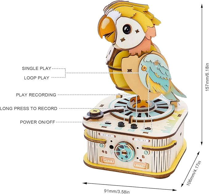 Kosmickiss 3D STEM Wooden Puzzles for Kids, 3D Wooden Models with Voice Recorder, Science STEM Building Kit Creative Craft Toys for Boys Girls Age 8-13 Years Education Birthday Gifts (Echo Parrot)