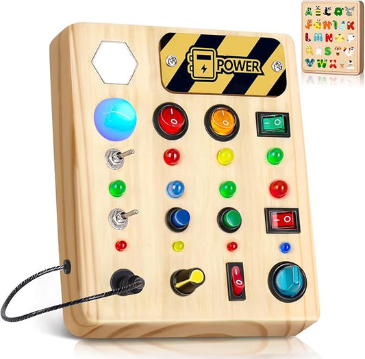 HONGDDY Wooden Sensory Busy Board for Toddler, Airplane-shaped Montessori Music Toy, Light Switch Activity Toy for Boys & Girls
