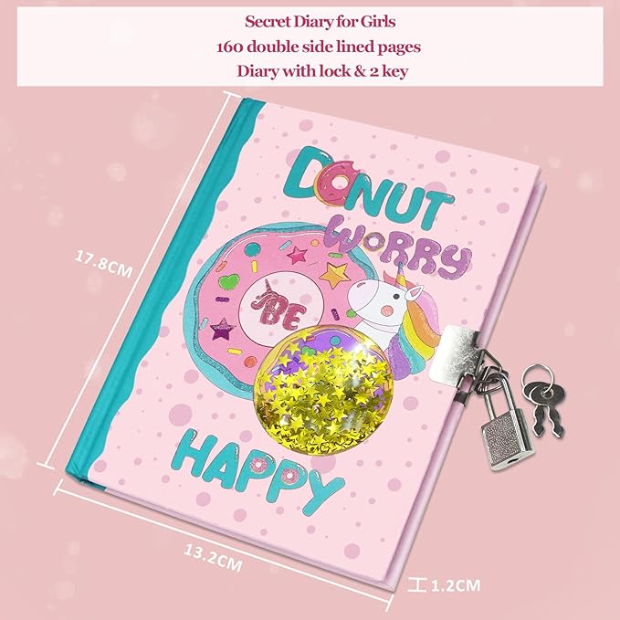GINMLYDA Girls Diary with Lock for Kids, Pink Doughnut Diaries 7.1x5.3” 160 Page Cute Secret Notebook for Girls Journal with Lock & Key for Little Kids Writing Drawing Girls Gift Age 5-10 Years Old