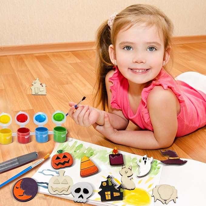 JOYIN 12 Pcs Halloween Wood Craft Kit, Wooden Magnet Creativity Arts Painting Kit, DIY Halloween Painting Craft for Kids Party Supplies, Toddler Party Favors Family School Activities