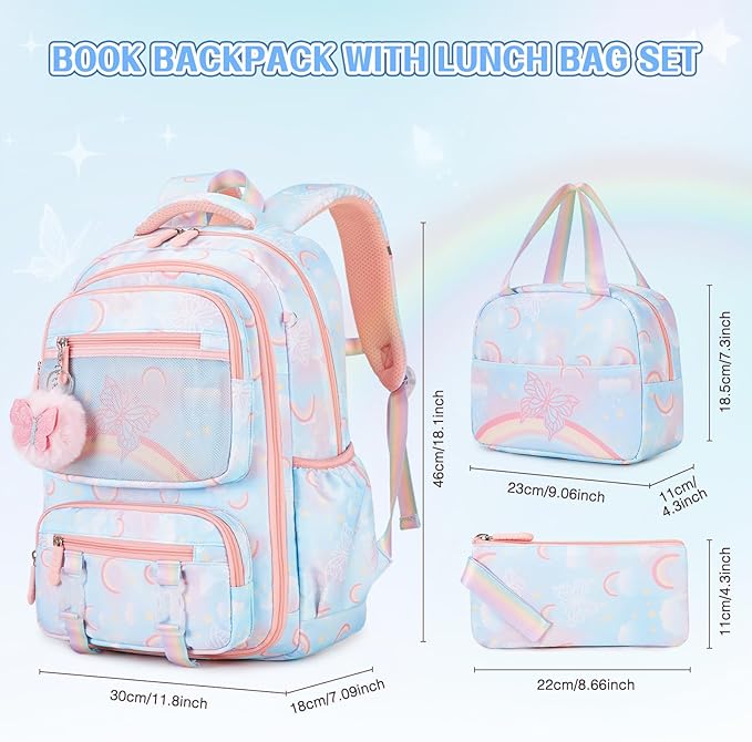 Backpack for Girls, Rainbow Butterfly Girls Backpacks with Lunch Bag Pencil Case Set, Kids Backpack Kindergarten Elementary Middle School Book Bag for Teen Girl Children Students
