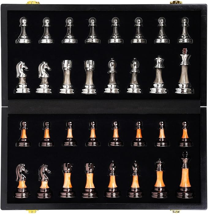 15" Large Chess Set for Adults and Kids With Weighted Acrylic Pieces, 3.5" King & Portable Folding Marbling Wooden Board - Travel Set, Family Board Game Gift, Elegant Classic Game