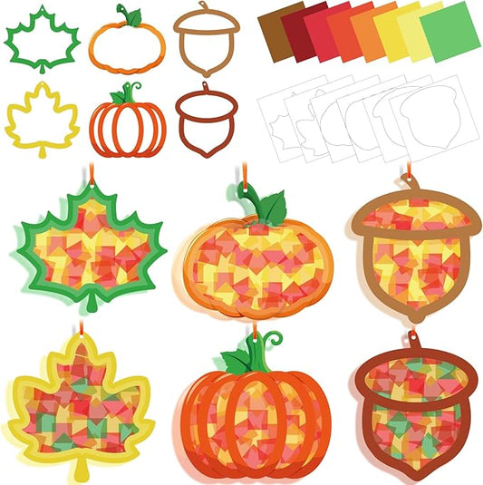 Kepeel 42 Packs Fall Suncatchers Crafts for Kids, Thanksgiving DIY Leaf Pumpkin Acorn Tissue Paper Sign Art Crafts Kit Gift for Autumn Fun Home Classroom Game Activities Party Decor