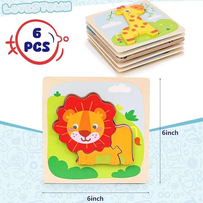 LovesTown Montessori Wooden Puzzles for Toddlers Kids Educational Animal Jigsaw Toys Preschool Learning Colors Shapes Cognition 6 Pack