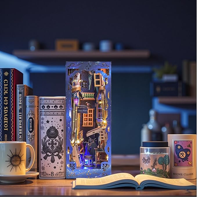 DIY Book Nook Kit for Adults - Magic Alley Miniature House Diorama, 3D Wooden Puzzle Bookend Bookshelf Insert Decor with LED Light, Wizard-Themed Miniature Kit Gifts for Fantasy Lovers