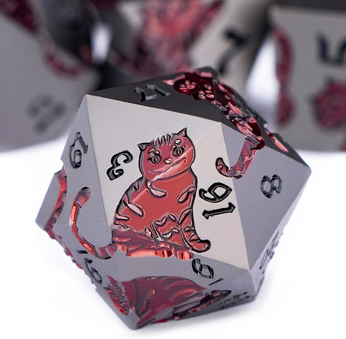 Metal DND Cat Dice 7PCS Polyhedral RPG Dice Set with Gift Case for Dungeons Dragons Role Playing Game, D and D Dice D6 D8 D10 D12 D20 D% (Grey Red)