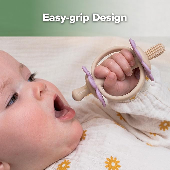 haakaa Silicone Twin Flower Teether,Nipple-Shaped End for Gum Massage,360Β° Baby Toothbrush Head for Self-Brushing Training,Easy to Grip - Lavender