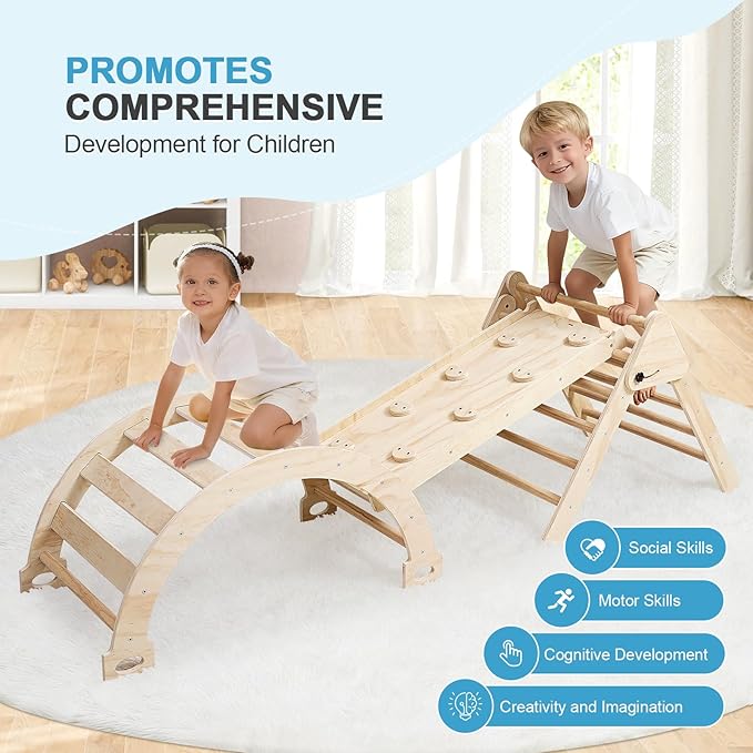 Pikler Triangle Set for Toddlers, 7-in-1 Foldable Montessori Climbing Gym with Safety Strap on Slide, Indoor Wooden Arch, Ramp, Ladder for Active Play - Natural