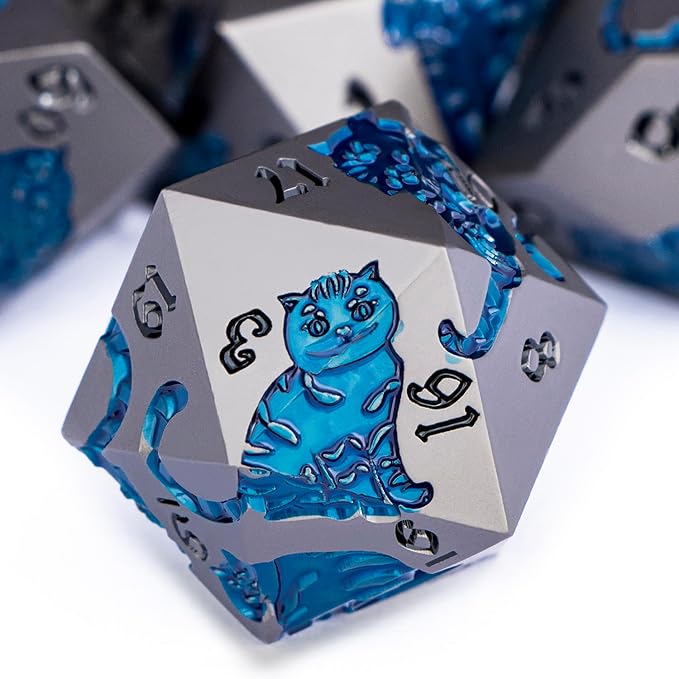 Metal DND Cat Dice 7PCS Polyhedral RPG Dice Set with Gift Case for Dungeons Dragons Role Playing Game, D and D Dice D6 D8 D10 D12 D20 D% (Grey Blue)