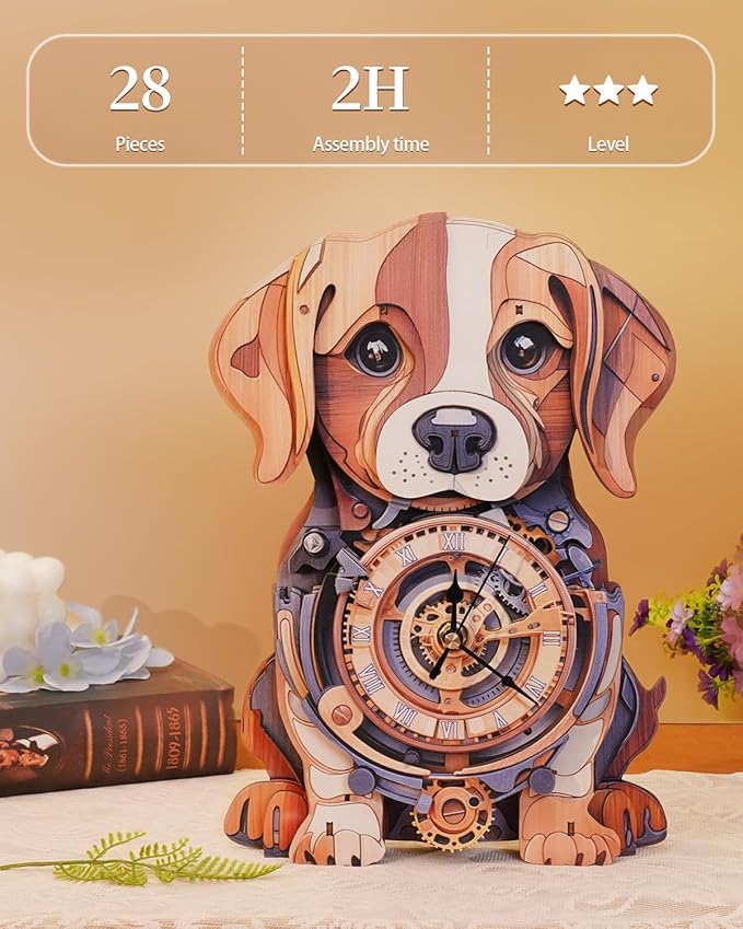 3D Wooden Puzzles for Adults, Beagle Clock DIY Kit with Pendulum, Beginner 28 Pcs Wooden Puzzles, Creative Gift Ideas for Adults and Teens