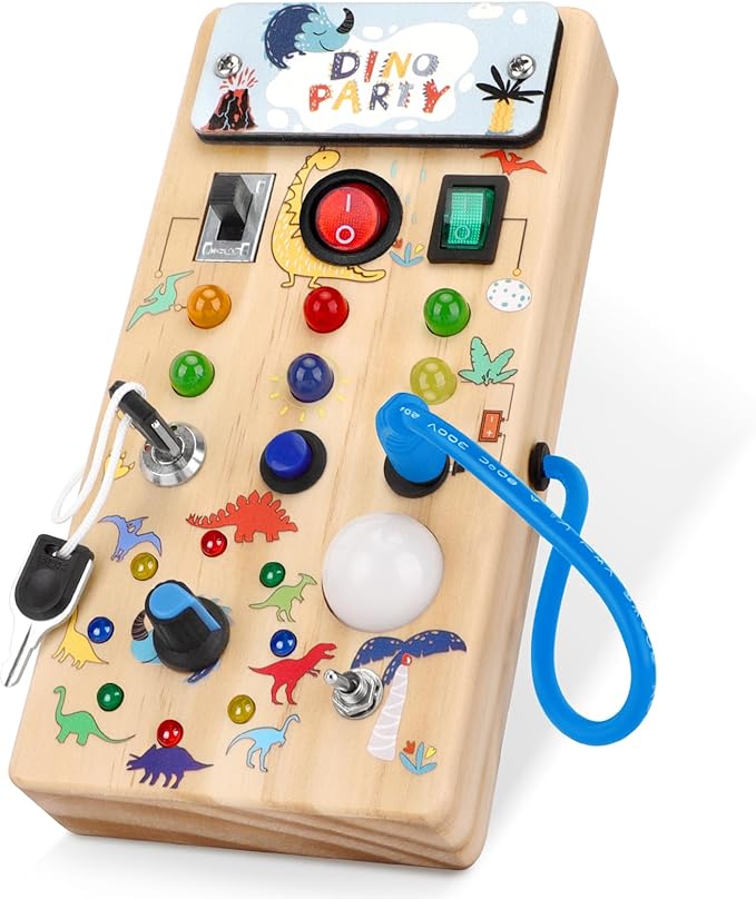 Dinosaur Busy Board with 8 LED Light Switches, Toddler Montessori Busy Board with Light Switch, Sensory Travel Toys, Montessori Toys for 1+ Year Old Boys