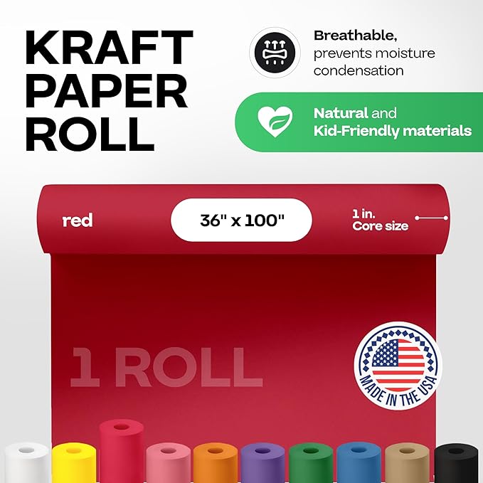 36" x 1200" (100 feet) Red Kraft Paper Roll - USA-Made Quality Craft Paper for Gift Wrapping, Kids' Arts & Crafts, School Projects - 100% Recycled Natural Material 50lb Thickness by IDL Packaging