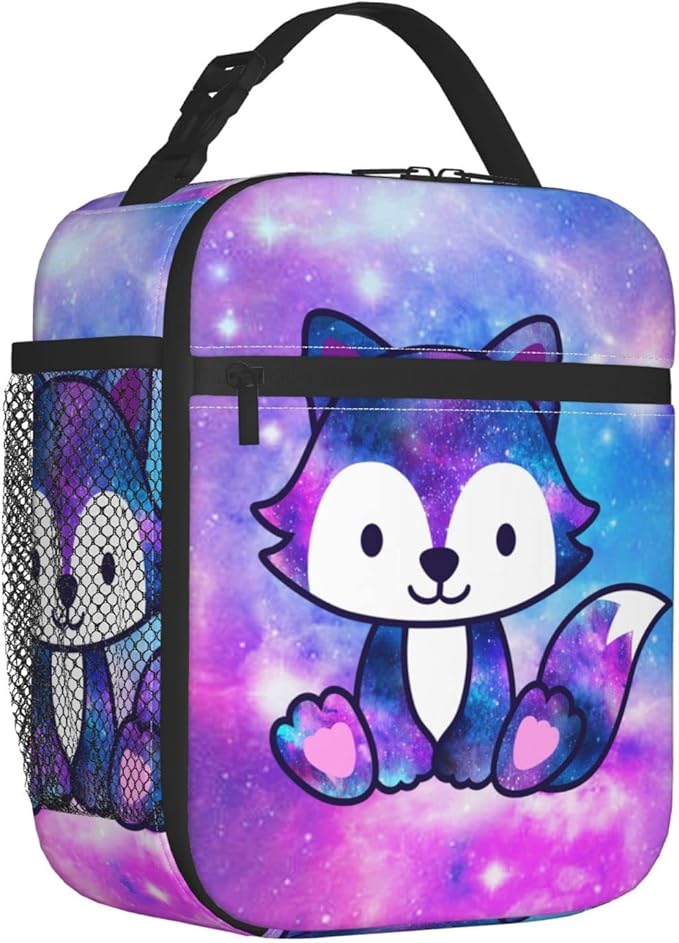 Mrublnel Galaxy Fox Printed Insulated Lunch Box Portable Lunch Bag with Detachable Handle,Reusable Lunchbox for Girls Boys Adults (Mrlunchbag-2302)