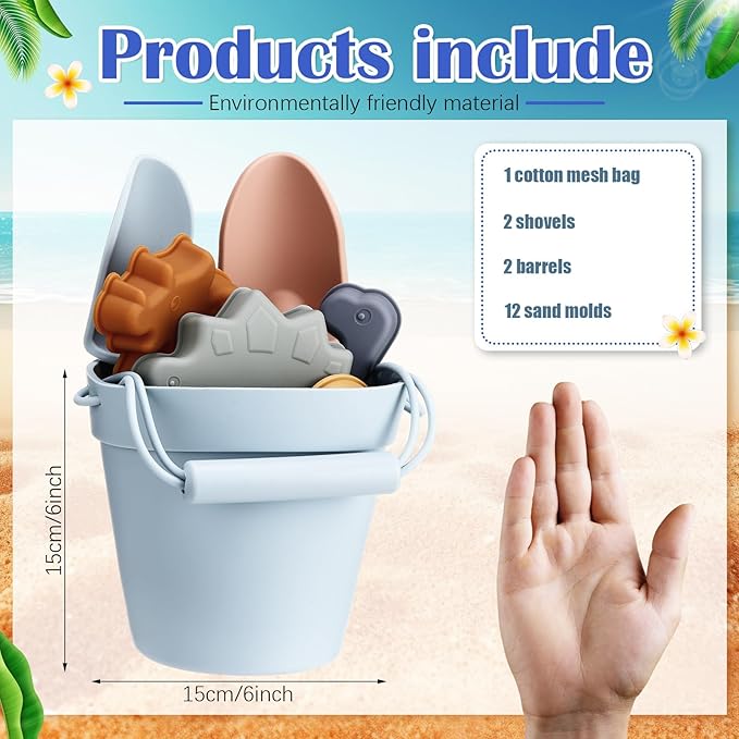 Hungdao 16 Pcs Silicone Beach Toys and 1 Mesh Beach Bag Set Collapsible Sand Toys Travel Sand Box Blue Red Bucket Shovel and 3D Marine Theme Molds for Summer Outdoor (Cute Style)